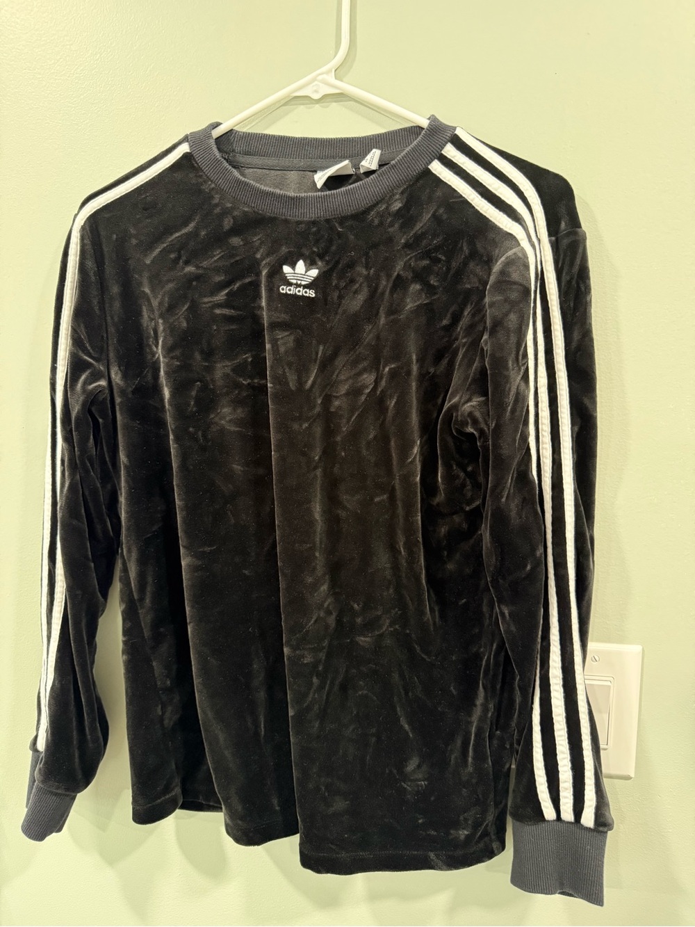 adidas Black Velour Sweatshirt with White Trefoil and Stripe Accents